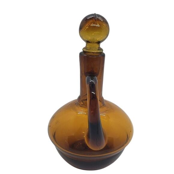 Vintage Amber Glass Cruet Decanter With Stopper Hand Blown 8" Tall Mid Century - Picture 2 of 11